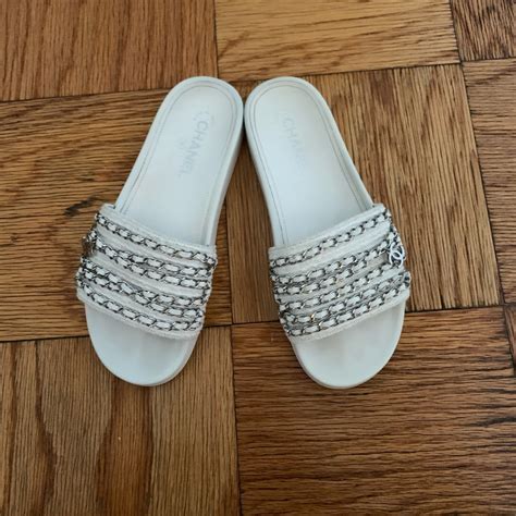 chanel gold rhinestone signature platform peach white slides|authentic chanel sandals.